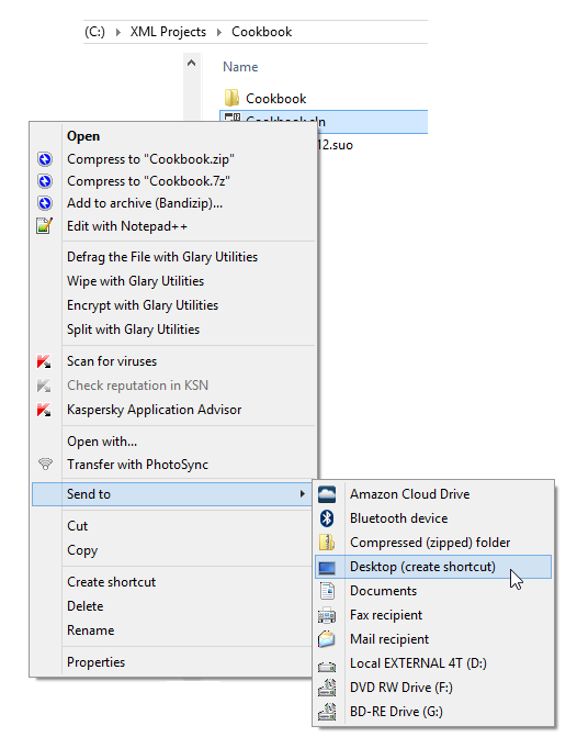 Context menu with desktop shortcut option